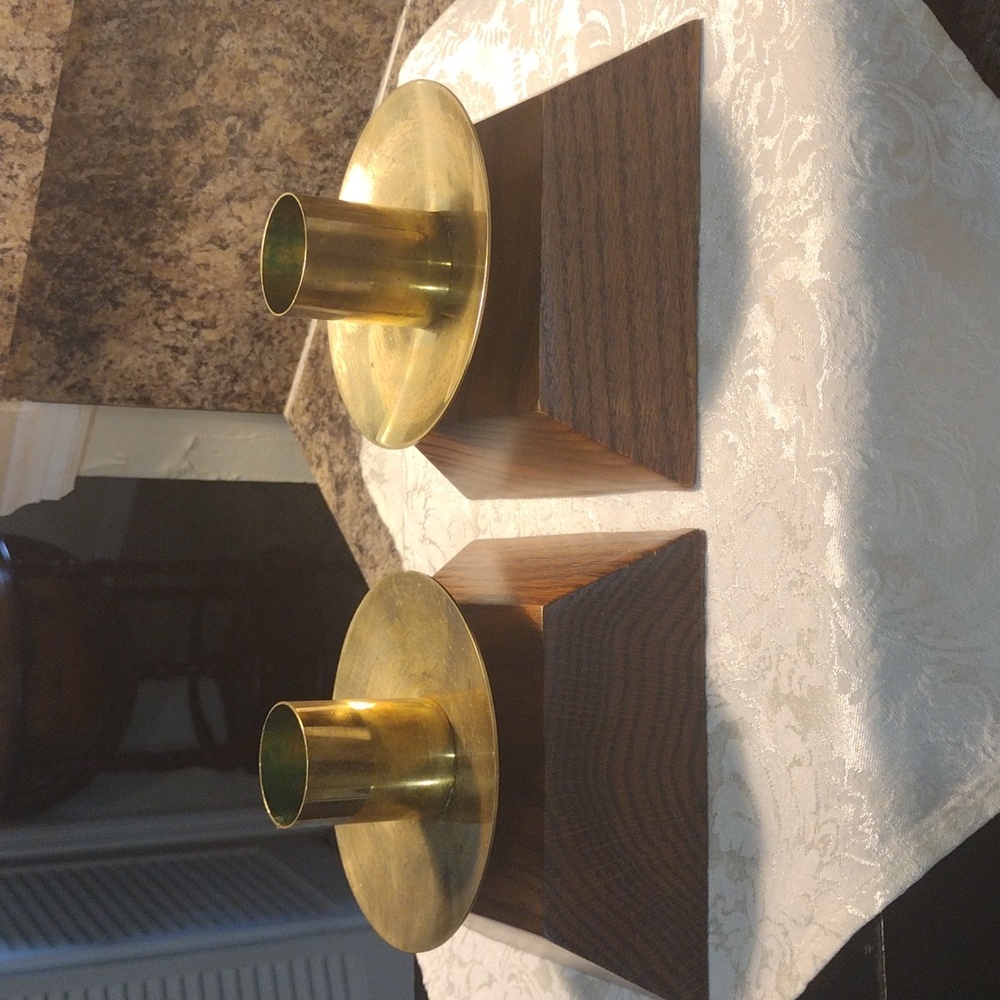 Vintage Wood and Brass Candle holder
